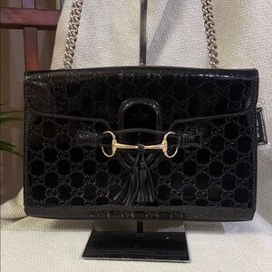Authentic Gucci Emily Guccissima Black Patent Leather Shoulder Bag with COA